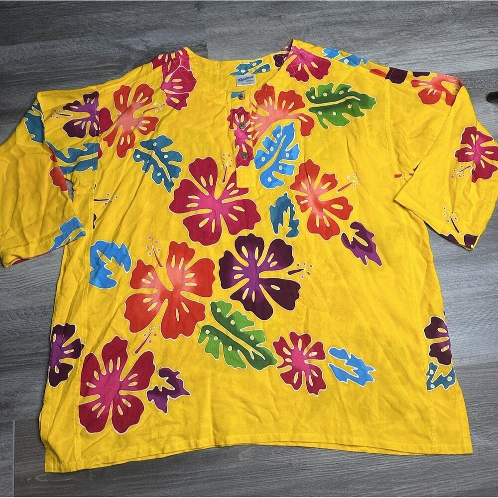 Feedora Hawaii Vintage Rayon Dress Tunic Blouse XXL Yellow Neon Tropical Floral